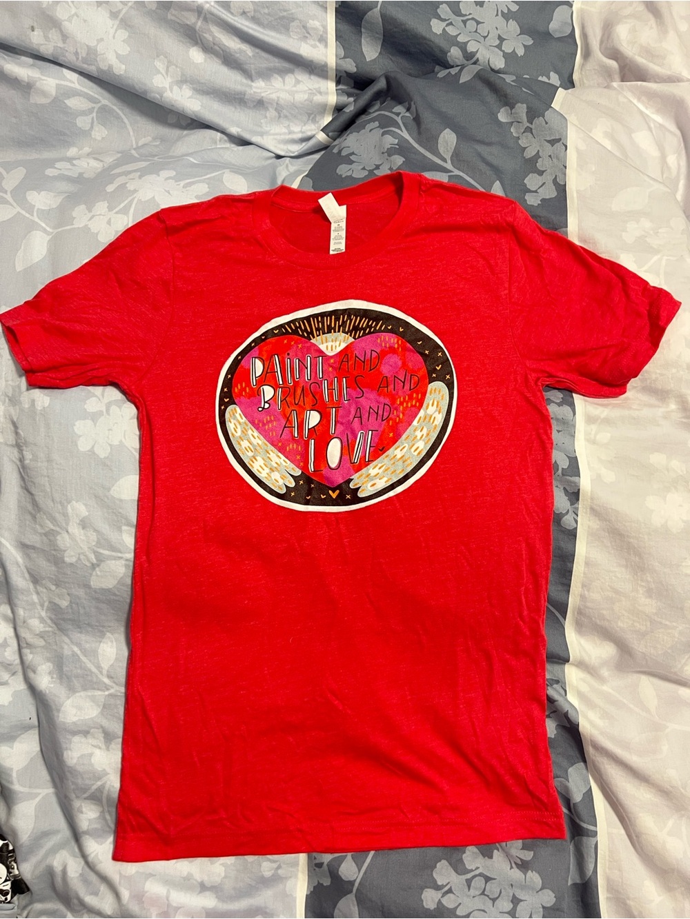 Red “Art Love” Graphic Crew Neck Tee with Bold Print
